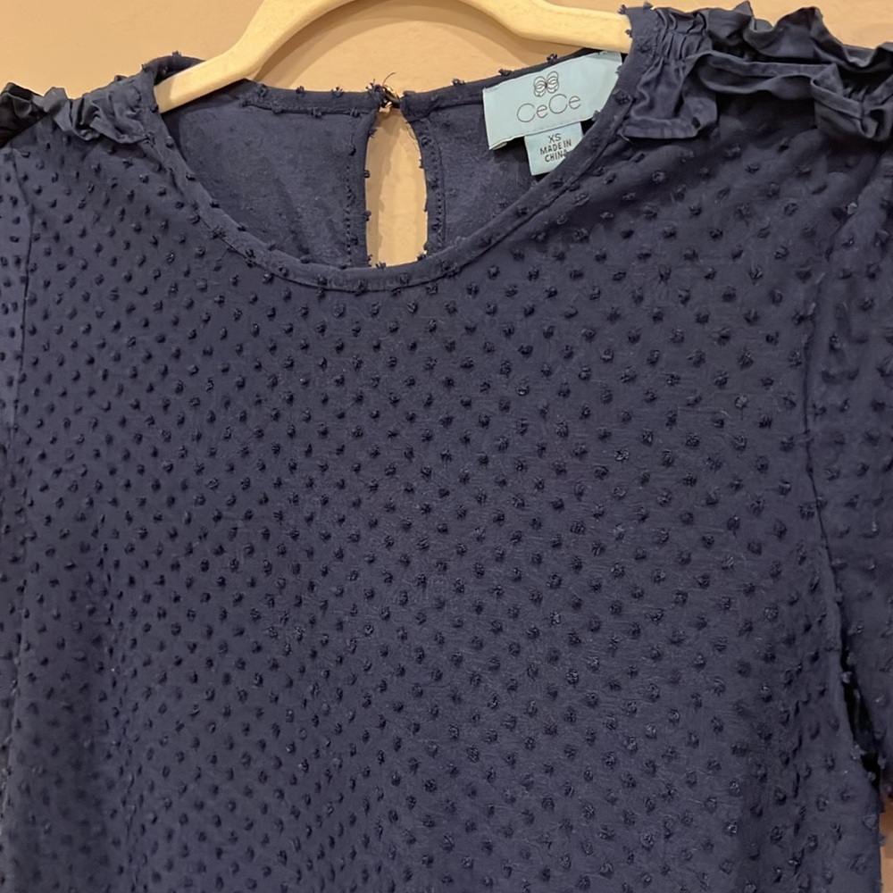 CeCe || Mixed Media Navy Clip Knit Top - Picture 3 of 7